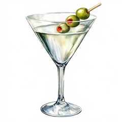 Charming watercolor illustration of a classic martini clipart, isolate on white, with an olive garnish