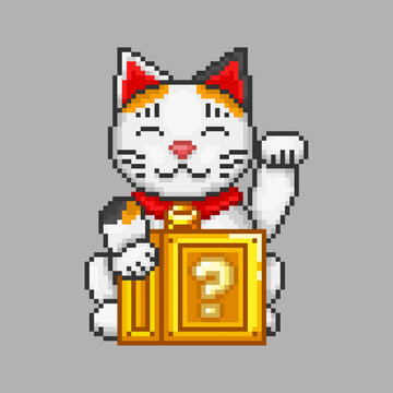 Fortune cat with a mysterious box, pixel art animal