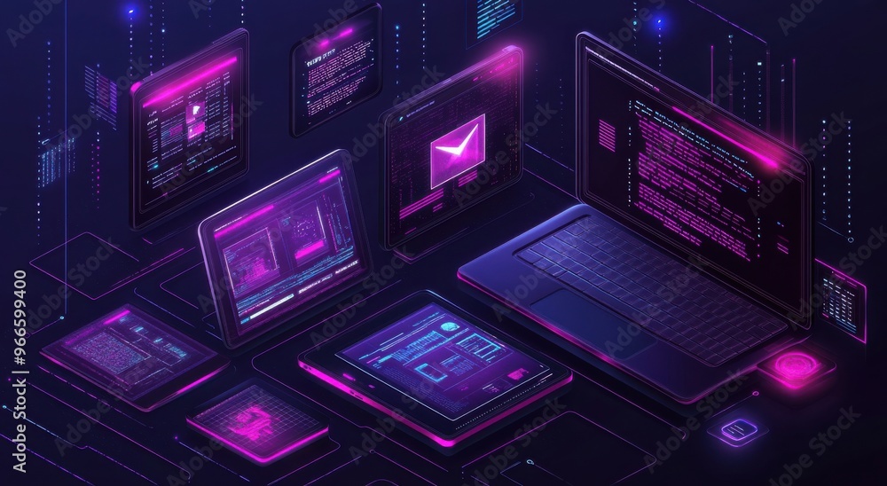 Poster illustration of web development technology displayed on digital screens with futuristic and neon glo