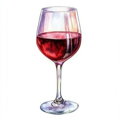 Elegant watercolor illustration of a glass of red wine clipart, isolate on white, with a hint of reflection