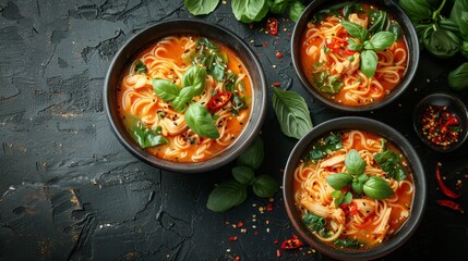 Three Bowls of Spicy Asian Noodle Soup with Chicken, Spinach, and Chili Peppers, Top View, with copy space