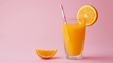 Fototapeta premium glass of orange juice with straw and half orange next to it in arose background