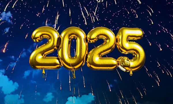  Na tle eksplodujących fajerwerk&oacute;w unoszą się złote balony "2025", symbolizując początek nowego roku i atmosferę pełną świątecznego blasku i radości.
