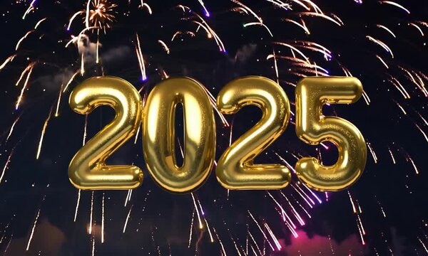 Na tle eksplodujących fajerwerk&oacute;w unoszą się złote balony "2025", symbolizując początek nowego roku i atmosferę pełną świątecznego blasku i radości.
