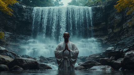 Obraz premium 滝で修業するイメージ