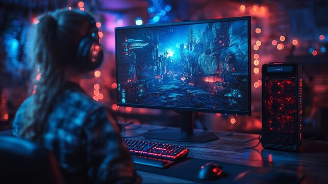 Gamer immersed in an intense video game, surrounded by glowing lights and powerful gaming setup, creating a vibrant gaming experience.