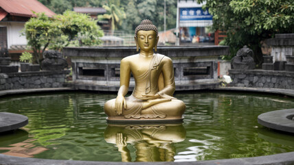 A photo of a golden Buddha statue seated in a serene outdoor setting. The statue is in the middle of a pond, with water reflecting the statue's image. There are stone structures around the pond. 
