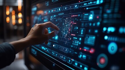Hand interacting with futuristic digital touchscreen interface, performing data analysis with high-tech holographic elements and graphs