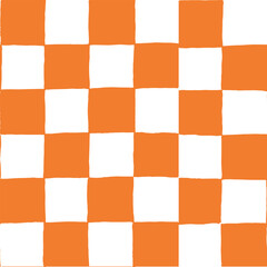 Seamless vector repeating pattern with hand drawn checkerboard in orange and white. Halloween, harvest, fall, autumn checker background for packaging, paper, fabric, wallpaper.