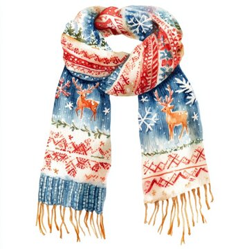 recommend clip art: Cozy watercolor clipart of a knitted winter scarf, isolated on white, with patterns of snowflakes and reindeer