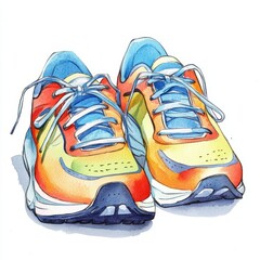 Lively watercolor illustration of a pair of running shoes clipart, isolate on white, ready for adventure