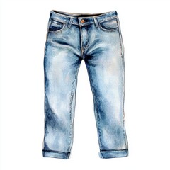 Trendy watercolor clipart of high-waisted jeans, isolated on white, capturing the essence of casual fashion