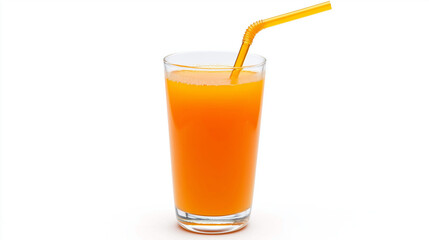 A close up of  orange juice glass with straw isolated on white background