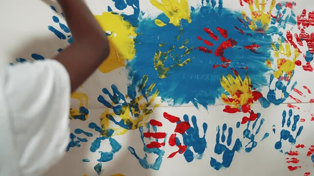 Cute girl and happy african boy put hand in color tray and stamp at stained wall. Diverse high school student painting partition with hand print or doing creative activity in art lesson. Edification