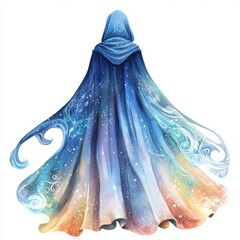 Ethereal watercolor illustration of a fairy-tale inspired cloak clipart, isolate on white, with magical swirls and stars