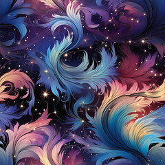 Fantasy floral pattern with glowing petals, iridescent colors, and whimsical swirling vines, inspired by mystical landscapes 