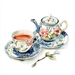 Nostalgic watercolor illustration of a porcelain tea set clipart, isolate on white, with delicate cups and saucers