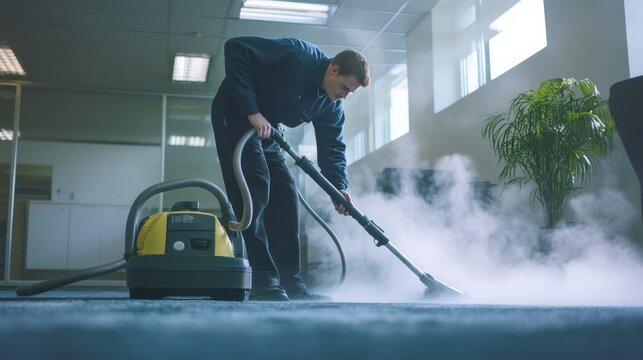 Man cleaning office carpet with steam cleaner, modern workspace with large windows and potted plant for a fresh and professional environment.