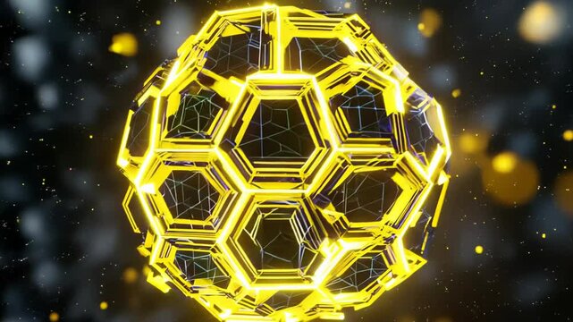 Intricate four-dimensional tesseract rotating in void space. Electric yellow geometric network contrasts against obsidian black background. 