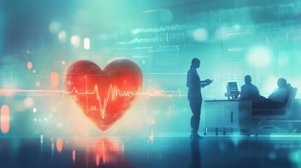 Medical professionals analyze heart health data displayed on a futuristic screen. Concept of healthcare technology and cardiovascular monitoring.