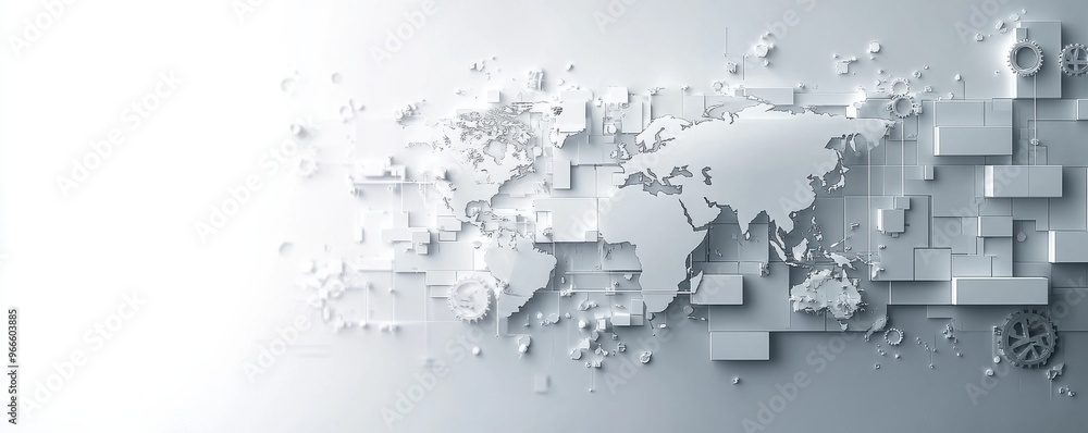 Wall mural abstract world map background with white color blocks and gears symbolizing global networks and tech