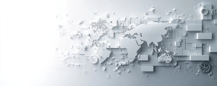 Abstract world map background with white color blocks and gears symbolizing global networks and technology