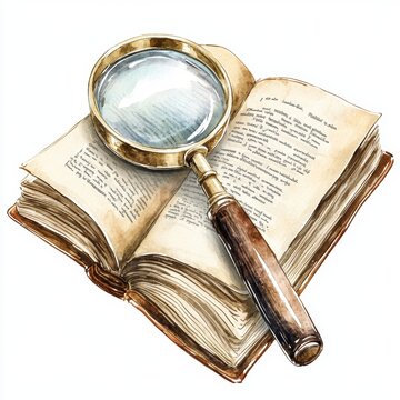 recommend clip art: Quaint watercolor clipart of a magnifying glass over an open book, isolated on white, for the curious reader