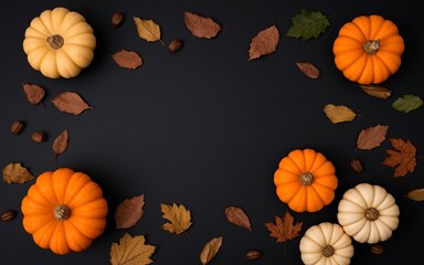 Orange and white pumpkins with autumn leaves on a dark background, perfect for Thanksgiving and fall designs. 
