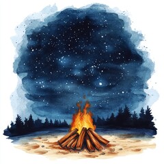 Cozy watercolor clipart of a campfire under a starry night sky, isolated on white, capturing the essence of outdoor adventures