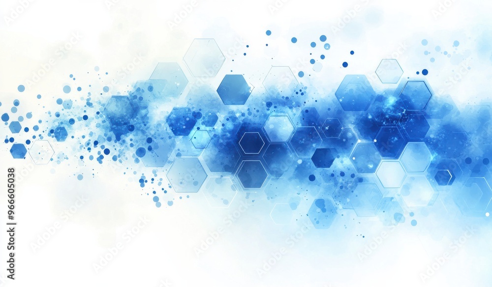 Poster abstract blue hexagons and dots on a white background, conveying a futuristic and technological them