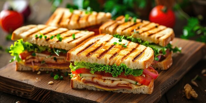 Freshly made club sandwiches showcased on a wooden table.