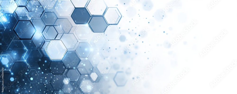 Poster abstract blue hexagons on a white background with a futuristic and tech-inspired design