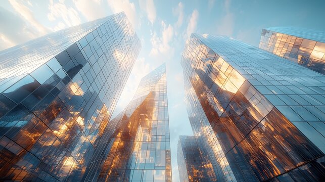 Modern skyscrapers with reflective glass facades, reaching towards the sky with a bright and vibrant atmosphere at dawn.