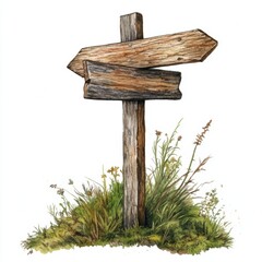 Fototapeta premium Quaint watercolor illustration of a wooden signpost clipart, isolate on white, marking the trails and campsite directions