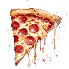 Lively watercolor illustration of a pizza slice clipart, isolate on white, with melting cheese and pepperoni