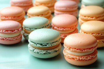 Obraz premium delicate confectionery flatlay perfectly round macarons in various pastel hues arranged in pleasing pattern on mint green background soft shadows