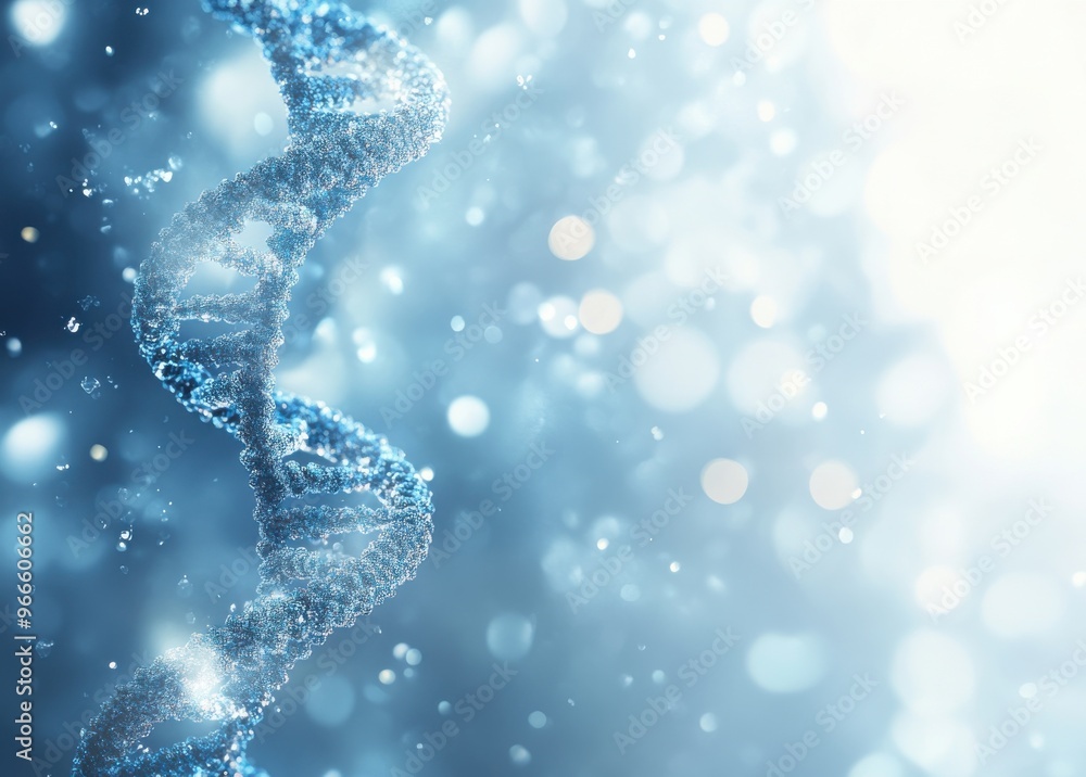 Poster abstract dna strand on a glowing blue background with space for copy, representing science and genet