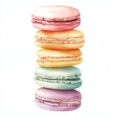 Playful watercolor clipart of a stack of macarons, isolated on white, in pastel shades