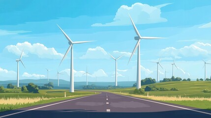 Endless rural road with animated wind turbines, flat design, front view