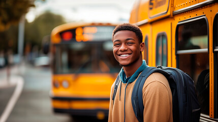 A young teenager returns to school after the holiday period, he is smiling and in the background you can see the school bus.
