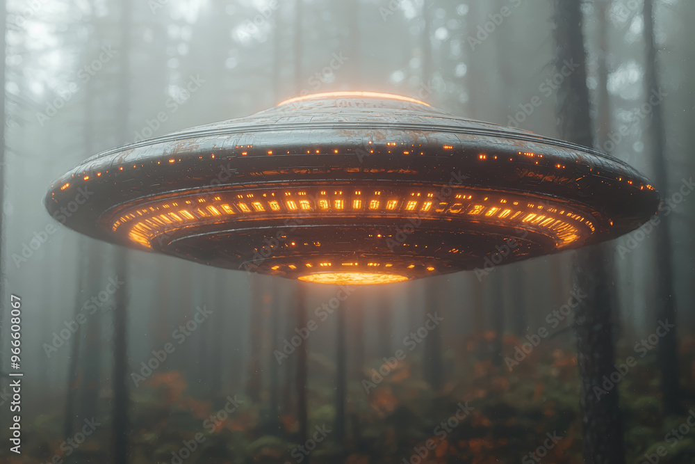 Wall mural a shimmering, disc-shaped ufo with changing colors, hovering above a misty forest during early morni