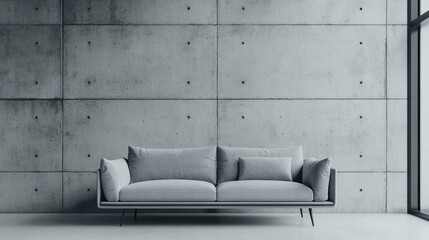 Grey sofa against concrete tiled wall Loft, minimalist home interior design of modern living room