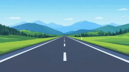 Fototapeta premium Vibrant front view of an infinite road, flat design, animated to evoke continuous exploration