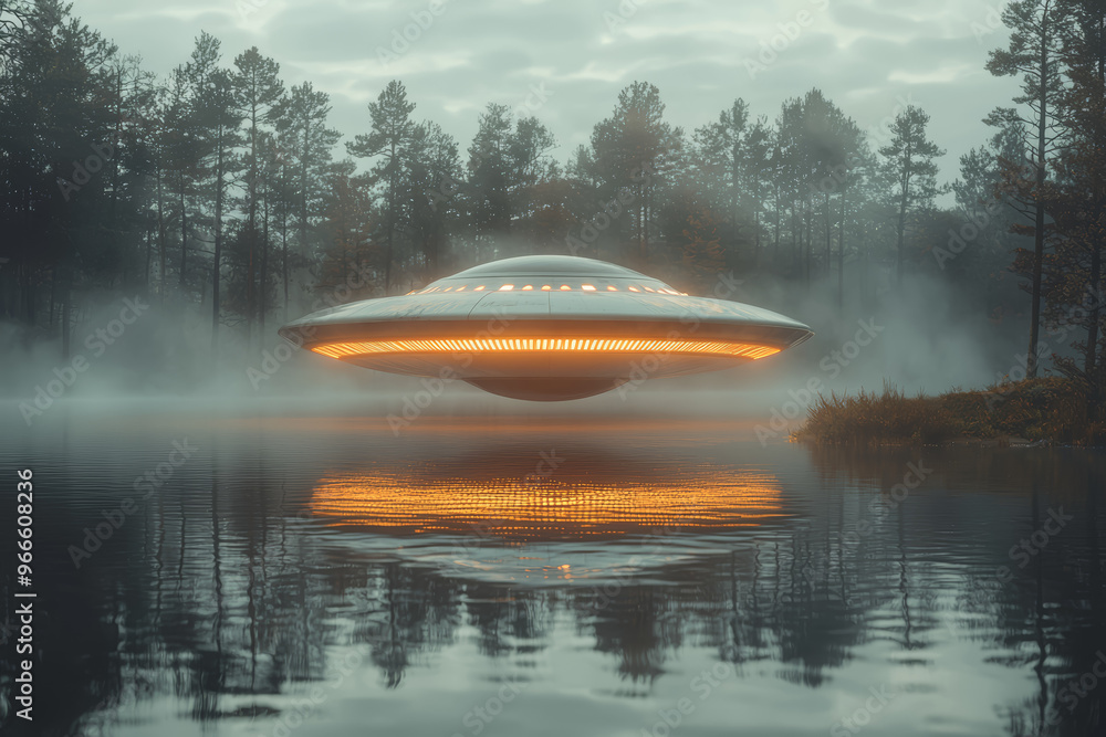 Poster a saucer-shaped ufo with reflective surfaces emerging from a misty lake, creating ripples on the wat