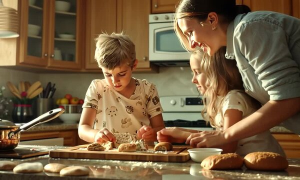 Family baking for National Fluffernutter Day, October 8th, making fluffernutter sandwiches together, hyperrealistic . Video