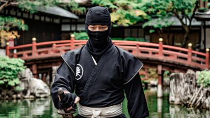 A medium shot of a ninja with a mask covering their face. The ninja is wearing a black outfit with a white sash around the waist. The ninja is holding a sword. The background is a traditional Japanese