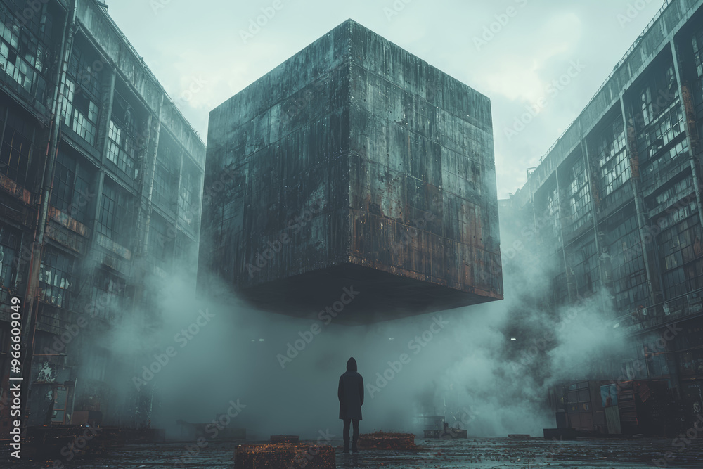 Poster a mysterious, cube-shaped object partially hidden behind a dense fog bank, hovering near an abandone