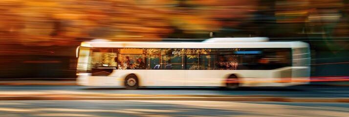 Motion blur effect of a white bus speeding down the road