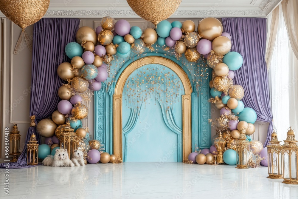 Wall mural A room with a blue archway and gold balloons