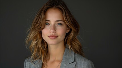 Fototapeta premium Portrait of a Confident Young Woman with Long Brown Hair and Blazer on a Grey Background